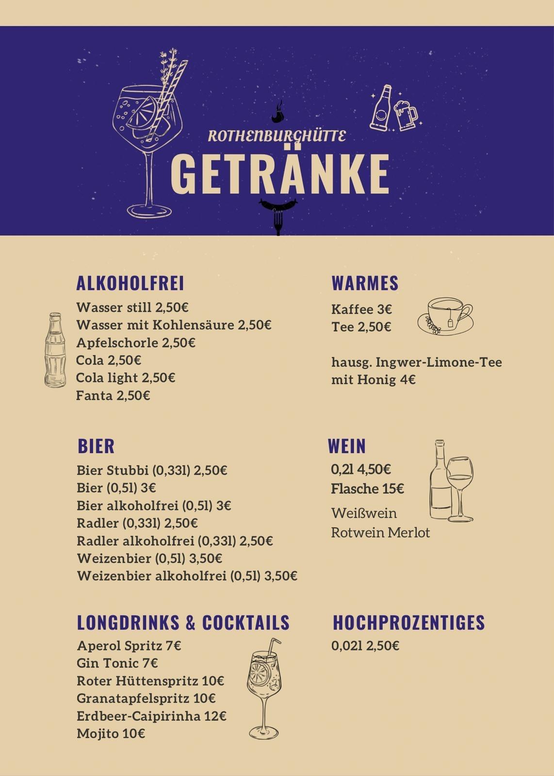 Getränkekarte der Rothenburghütte